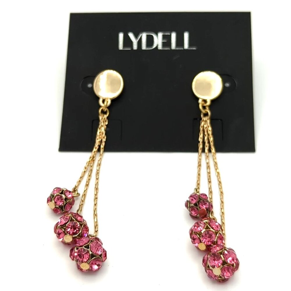 Pink Crystal Cluster Drop earrings -  dangles - gold tone 2.5 in - Lydell
